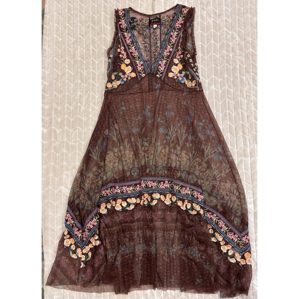 Johnny Was Biya Mesh Dress Floral Embroidered XS sheer Whimsigoth Dark Academia